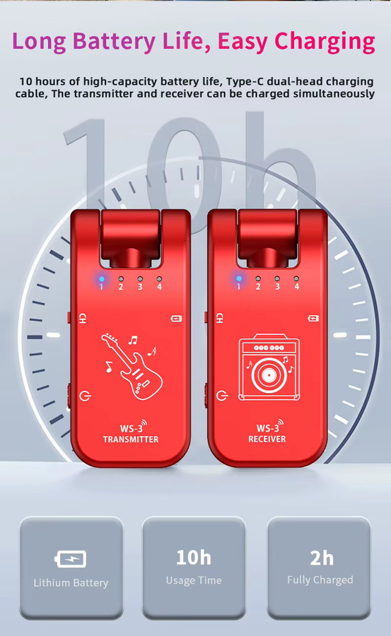 JAMJUM WS-3 Kabelloses Gitarrensystem in Rot für elektronische Musikinstrumente (Sender & Empfänger) - Bild 3