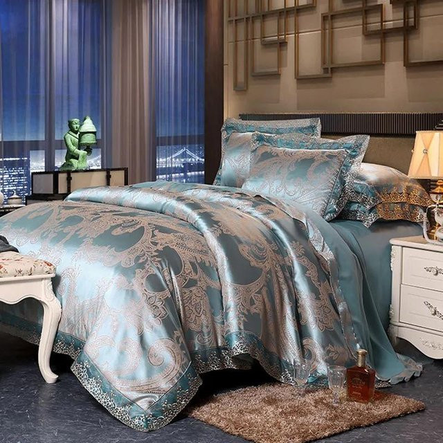Bin Chi Textiles 4-teiliges Jacquard Bettwäsche-Set aus Baumwolle und Seide mit floralem Design in Blau - Bild 1