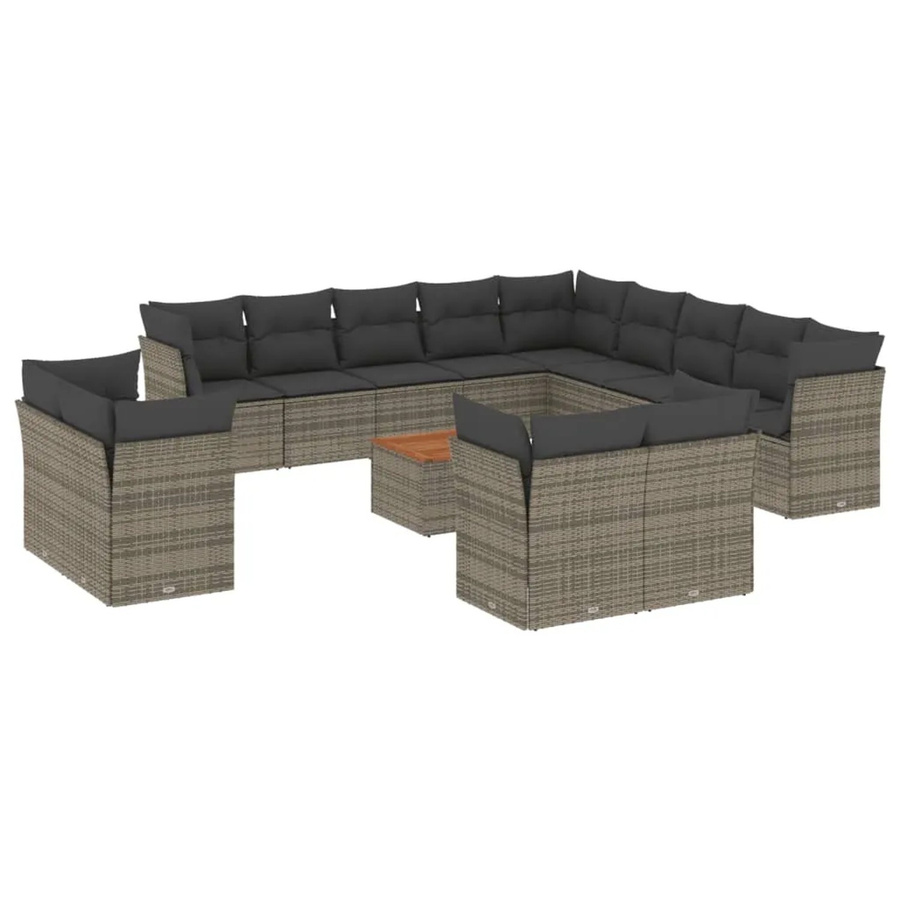 vidaXL 14-tlg Garten-Sofagarnitur aus Poly Rattan und Akazienholz in Grau mit Kissen Modell 11 - Bild 2