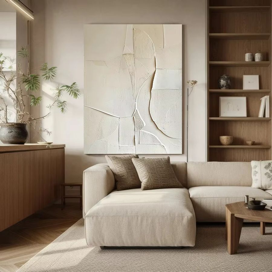 Minimalistisches abstraktes Leinwand-Ölgemälde in Cremeweiß und Beige im Wabi Sabi Stil mit 2D-Textur von Potdemiel - Bild 2