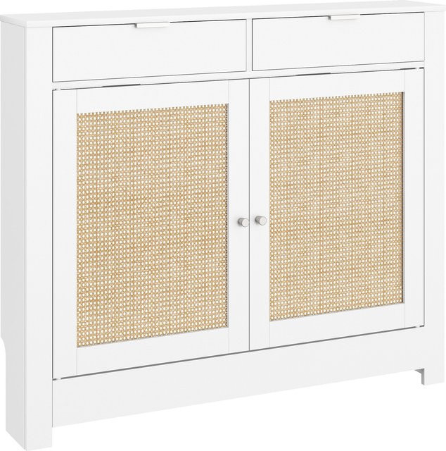 HOMCOM Heizkörperverkleidung mit Rattan und Klapptüren im Boho-Design, Weiß, B/T/H: 111 x 19 x 95,5 cm - Bild 1