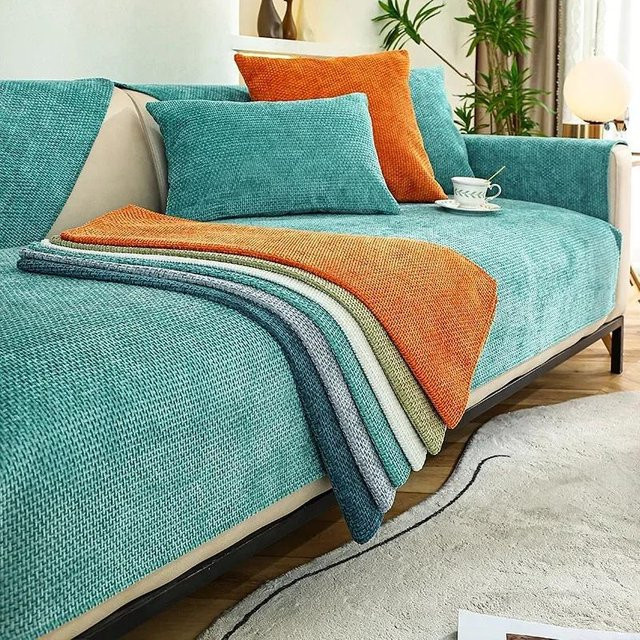 Rutschfester Sofabezug aus Baumwolle und Leinen in Türkis, Universal Überwurf für Sofas mit grafischem Design, B/H: 90 x 120 cm - Bild 1