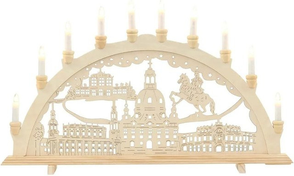 Dekohelden24 XXL Leuchterbogen Schwibbogen mit Dresden Motiv und wechselbaren Spitzkerzen, Farbe: Beige, B/H: 71 x 40 cm, Tiefe: 4 cm