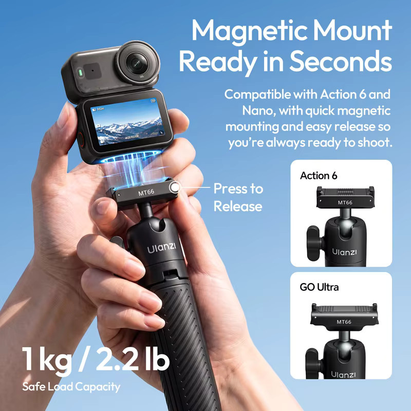 Ulanzi MT66 Mini Schnellverschluss-Stativ und Selfie-Stick in Schwarz für DJI Action 6/Nano und Insta360 GO - Bild 4