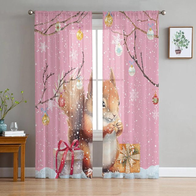 Transparente Tüll-Vorhänge mit Weihnachts-Schneeflocken und Eichhörnchen Aquarell-Design in Grau, Breite: 135 cm, Höhe: 115 cm - Bild 1