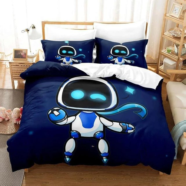 Astro Bot Bettwäsche Set mit 3D-Druck, dreiteiliges Cartoon Anime Schlafzimmer Set aus Mikrofaser, Blau, B: 173 cm, L: 218 cm - Bild 1