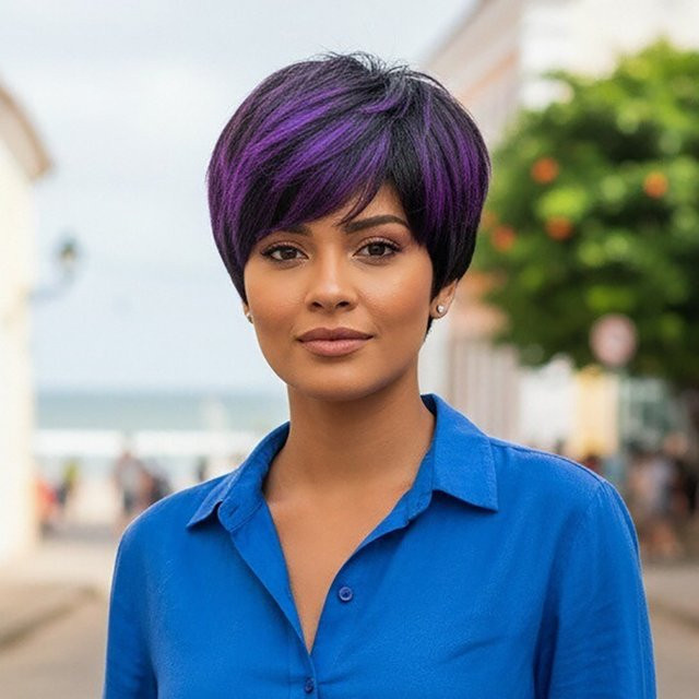 OYM HAIR Pixie-Perücke aus Echthaar, kurz, Schwarz-Lila, Damen - Bild 1