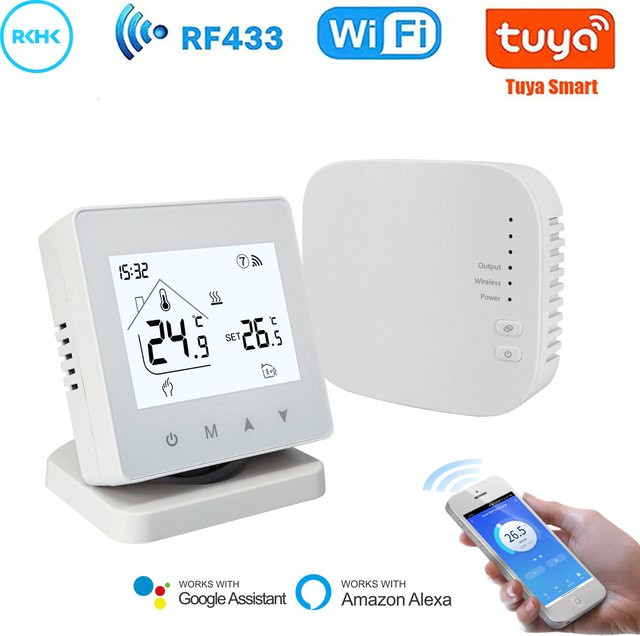 RKHK Wifi Drahtloser Smart Thermostat in Weiß für Gaskessel und Fußbodenheizung, Programmierbarer RF Temperaturregler mit Tuya App-Steuerung, kompatibel mit Google Home und Alexa - Bild 1