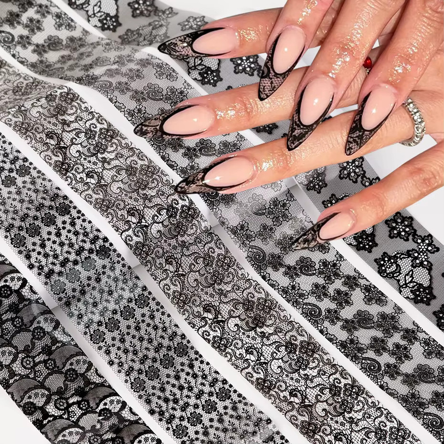 Full Beauty Nageltransferfolien Spitzenblumen, Schwarz-Weiß, Glänzend, 10 Stück - Bild 2