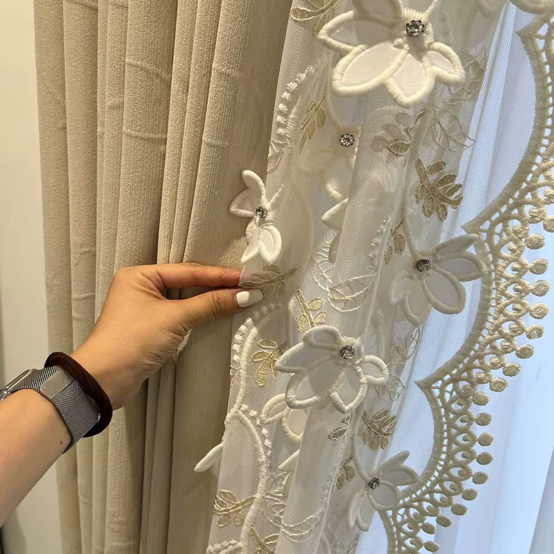 JESSANS Chenille Vorhang in Creme Beige mit floraler Relief-Stickerei im französischen Stil, Breite: 120 cm, Höhe: 250 cm - Bild 2