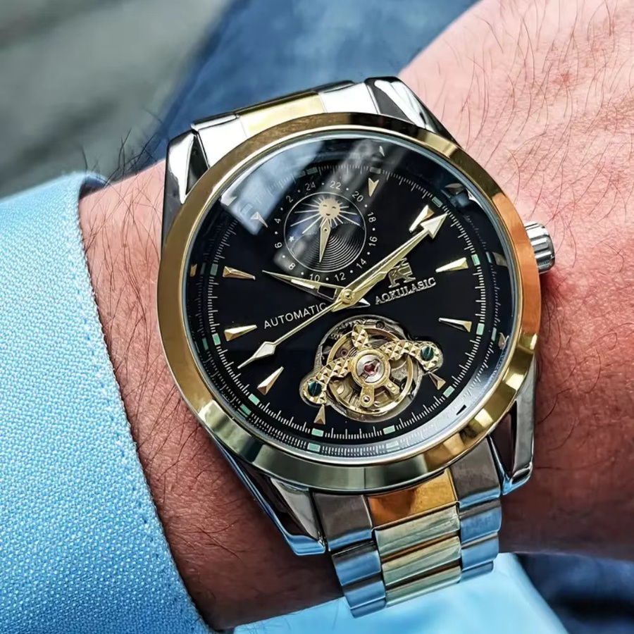 AOKULASIC Armbanduhr Automatik, Edelstahl, Schwarz, Gold, Herren - Bild 2