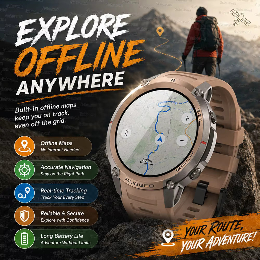 GUHUAVMI Militärische Outdoor GPS Smartwatch mit AMOLED HD Display, Bluetooth Anruf, Kompass und 5ATM Wasserdichtigkeit, Schwarz - Bild 2