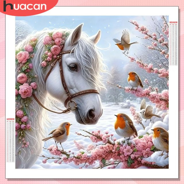 HUACAN Diamond Painting Set mit Pferd und Vögeln in Winter-Optik, DIY Diamant Mosaik Bild mit Blumen und Tieren, Mehrfarbig, B/H: 20 x 20 cm - Bild 1