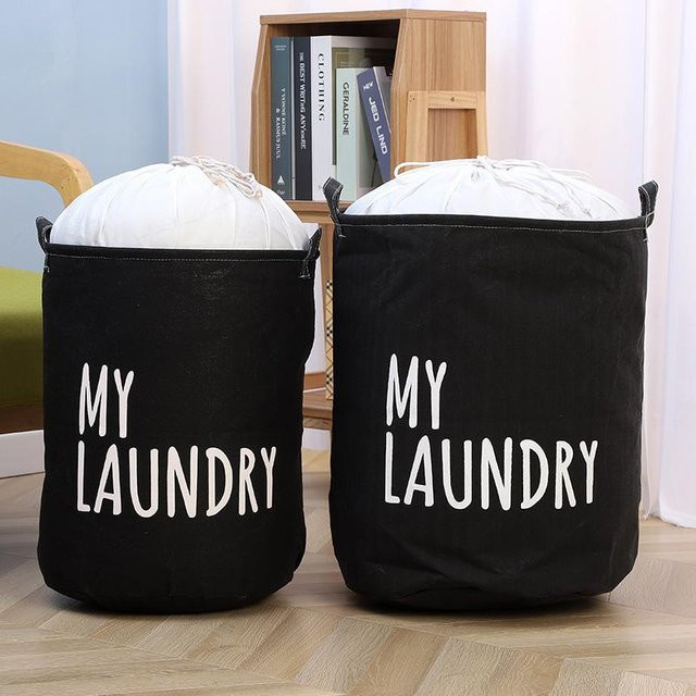 Yiran Furniture Wäschekorb aus Canvas mit Kordelzug und Griffen, Schwarz, B: 35 cm, H: 45 cm - Bild 1