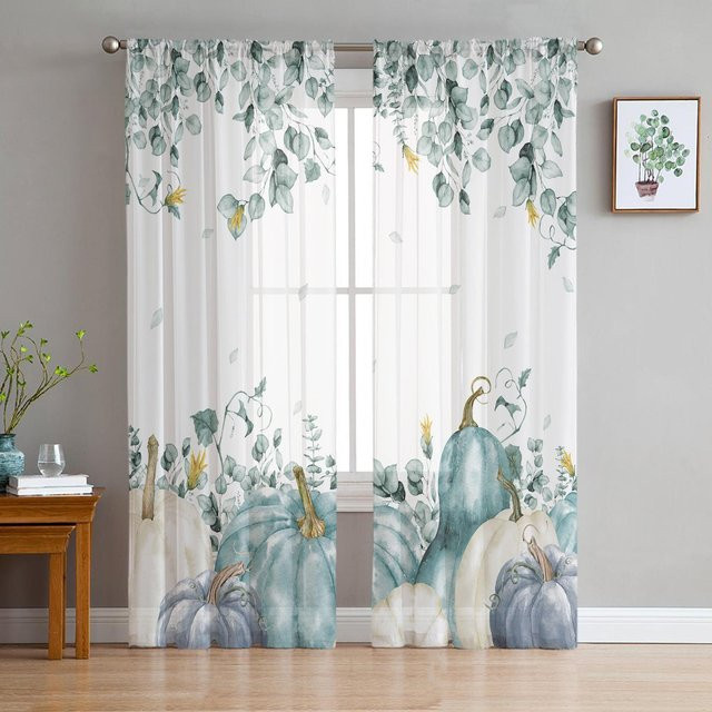 Transparente Voile-Vorhänge von Super Six mit Herbst-Kürbis und Eukalyptusblättern in Weiß, Breite: 135 cm, Höhe: 114 cm - Bild 1