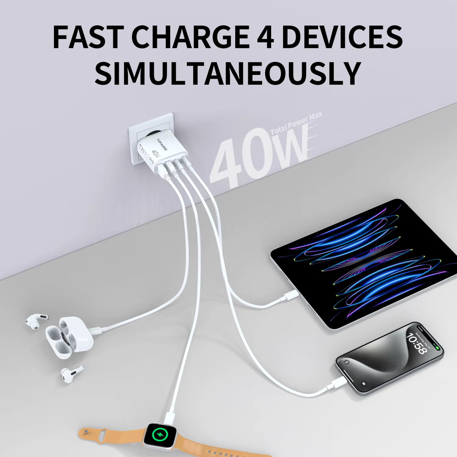 TOPADRE USB-C Schnellladegerät 40 W mit 4 Ports in Weiß für Smartphone, iPad und Samsung - Bild 2