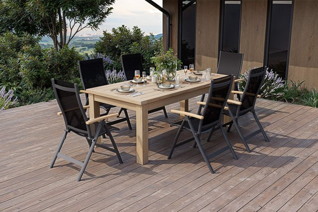 OUTFLEXX Zadar Garten-Essgruppe aus Alu, Textilene und Teakholz in Anthrazit/Braun mit klappbarem Tisch und 6 Sesseln, Tisch Breite: 200 cm, Tiefe: 100 cm, Höhe: 77 cm - Bild 1
