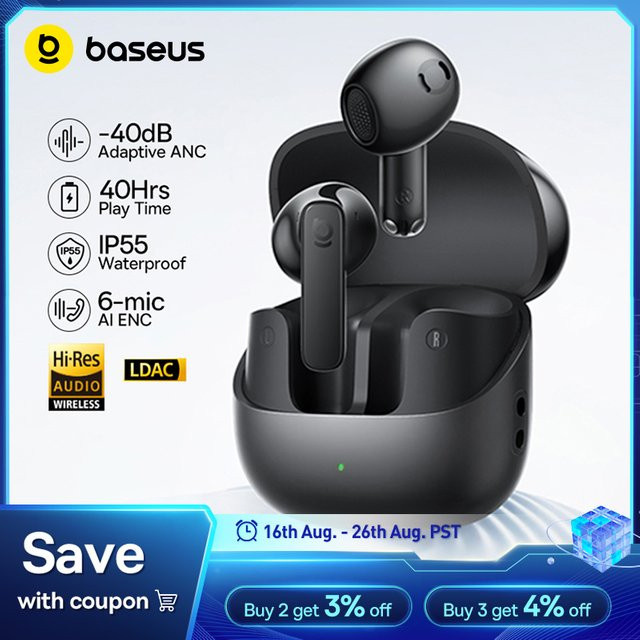 Baseus Bass BS1 Wireless Earbuds in Schwarz mit Adaptive ANC, Bluetooth 6.0, LDAC Hi-Res Audio und 6-Mic AI ENC - Bild 1