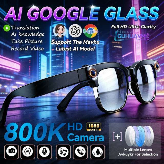 GUHUAVMI AI Smart Brille mit Sprachübersetzung, 8K Kamera, Video und Musik Player sowie Anruffunktion in Schwarz und Blau - Bild 1