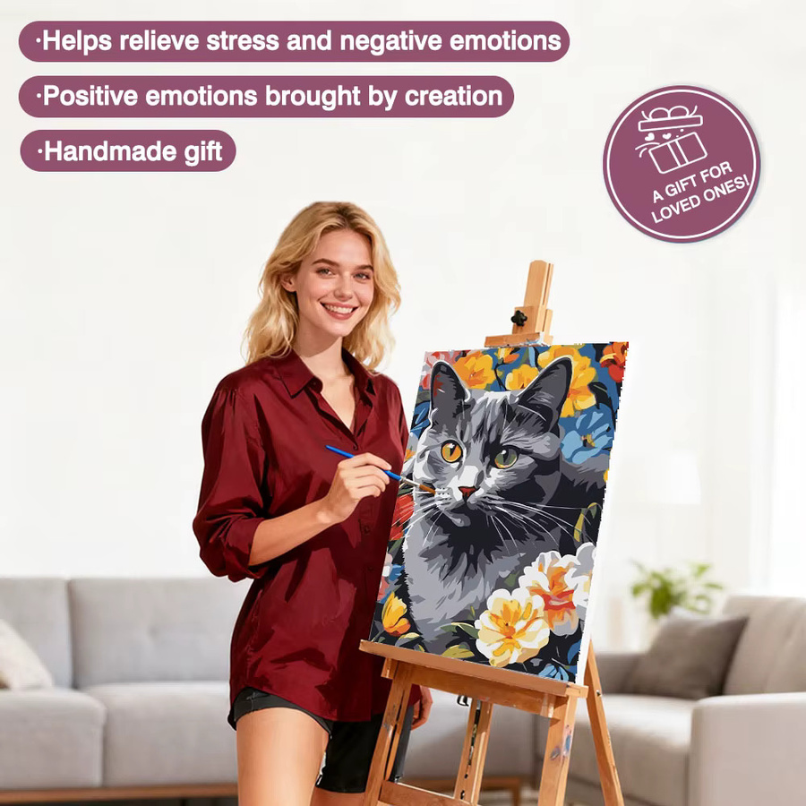 Huacan Katzen-Malen-nach-Zahlen-Set, DIY Ölgemälde, Blumen, Bunt - Bild 2