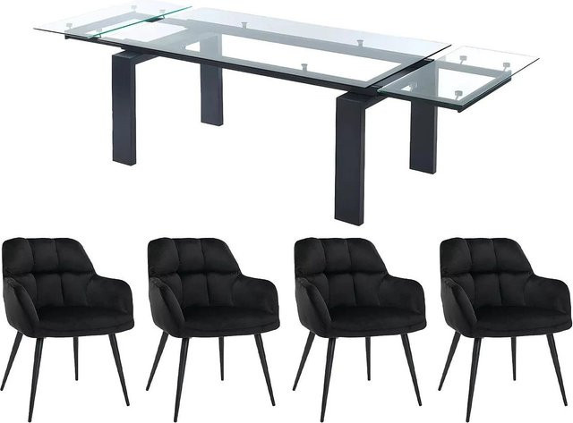 Vente-unique Essgruppe Lubana in Schwarz und Transparent mit Tisch aus gehärtetem Glas und Samtstühlen, ausziehbar, B: 270 cm, T: 180 cm - Bild 1