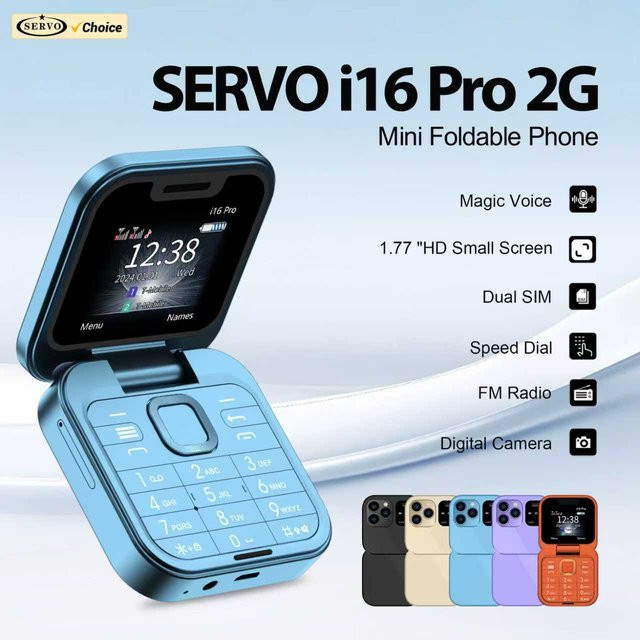 SERVO i16 PRO Mini Klapphandy Dual SIM mit 1,77 Zoll Display in Blacklist Magic Voice, 2G GSM, FM Radio, Gold - Bild 1