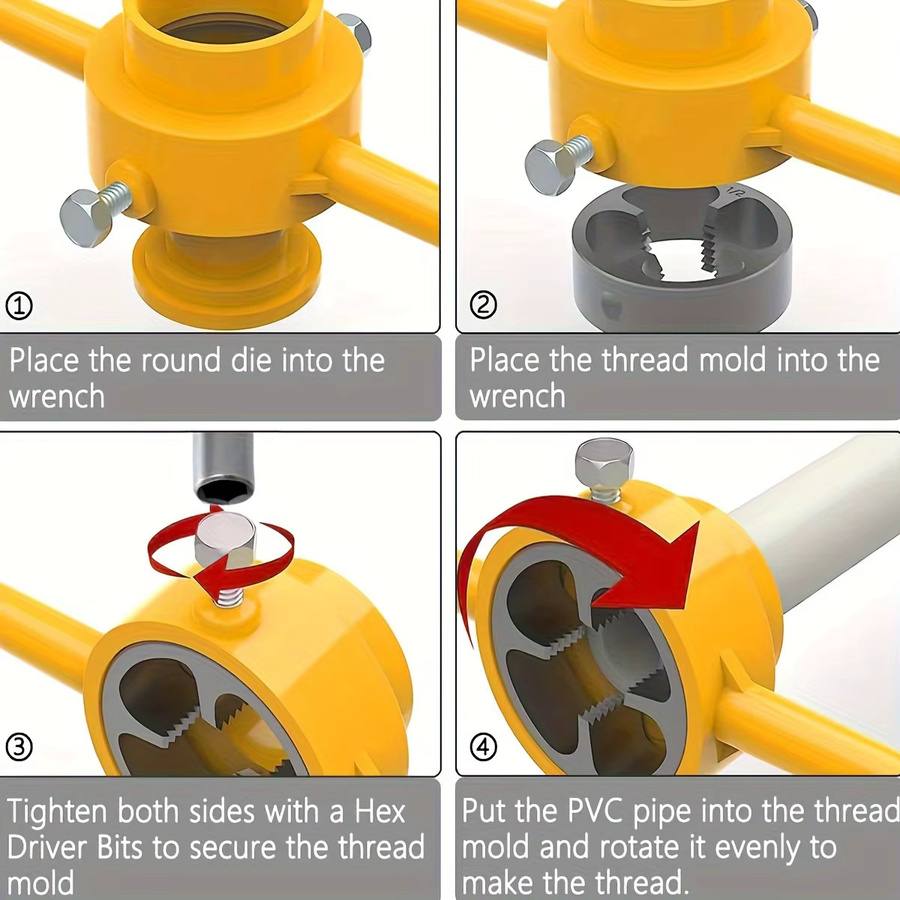 NIUXIANG 6-teiliges PVC-Rohrgewindeschneidwerkzeug-Set mit Gewindeschneidköpfen in 1/2, 3/4 und 1 Zoll - Bild 6