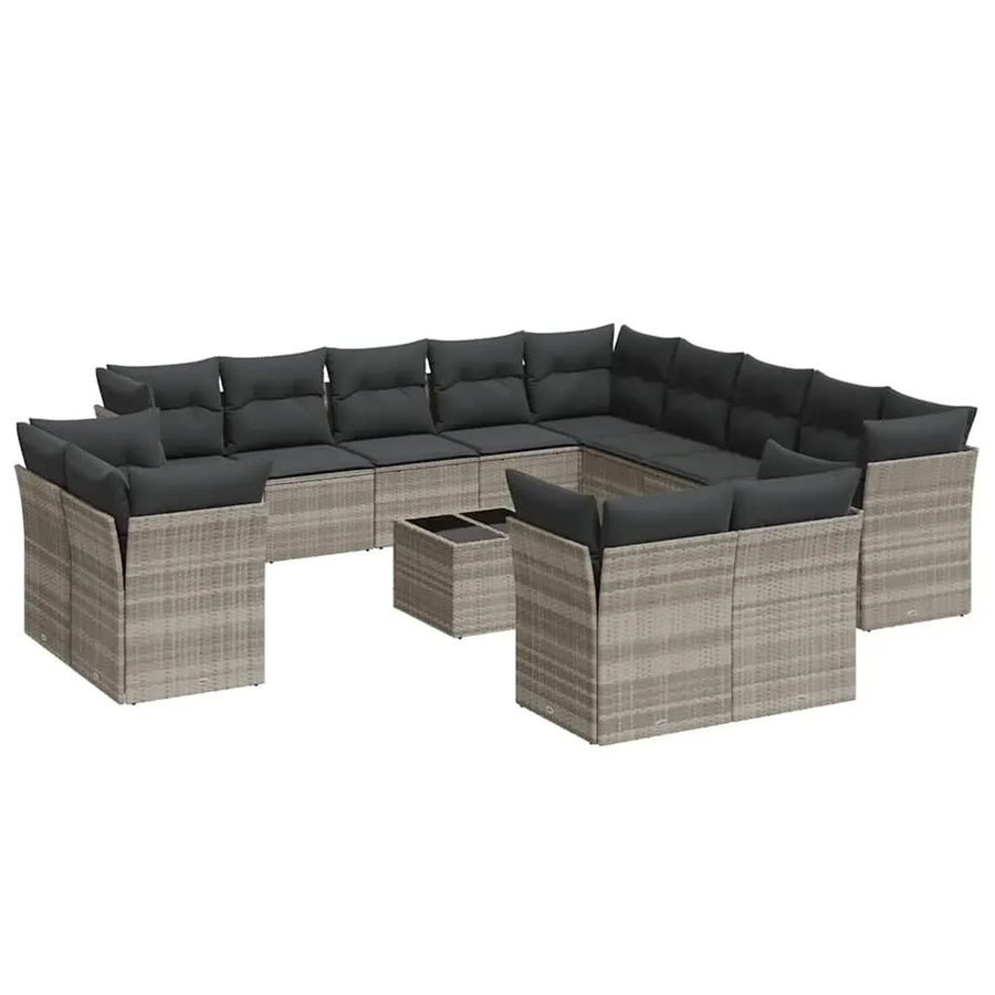 vidaXL 14-tlg. Garten-Sofagarnitur in L-Form aus Poly-Rattan mit Kissen und Couchtisch, Hellgrau - Bild 2