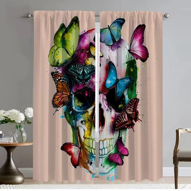 Zweiteiliges Fenstervorhang-Set mit Blumen- und Totenkopf-Motiv für Halloween, halbtransparent, Mehrfarbig, Breite: 50 cm, Höhe: 70 cm - Bild 1