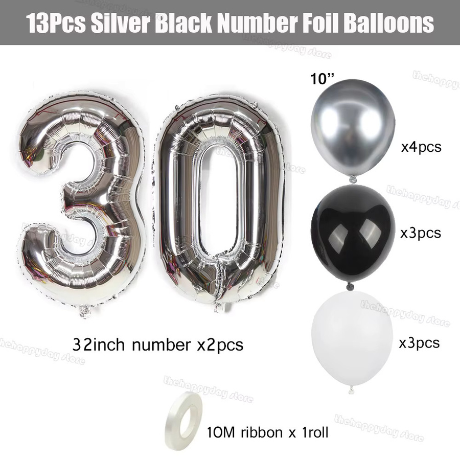 MicroPlush Zahlen-Folienballons Set für Geburtstag und Hochzeit in Silber, Schwarz und Weiß, 13 Stück - Bild 3