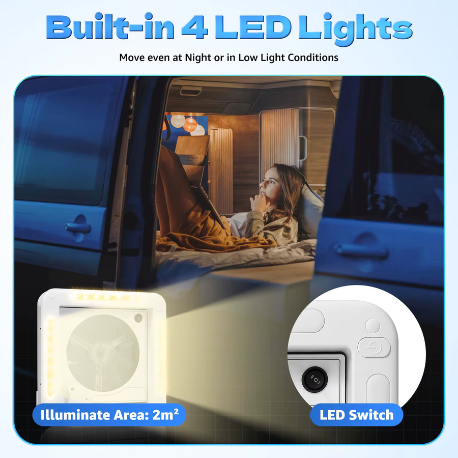 Bymaocar Wohnmobil-Lüfter und Wohnwagen-Dachfenster in Weiß mit LED-Licht, 12V, 6 Geschwindigkeiten, reversibler Motor, B/T: 28 x 28 cm - Bild 5