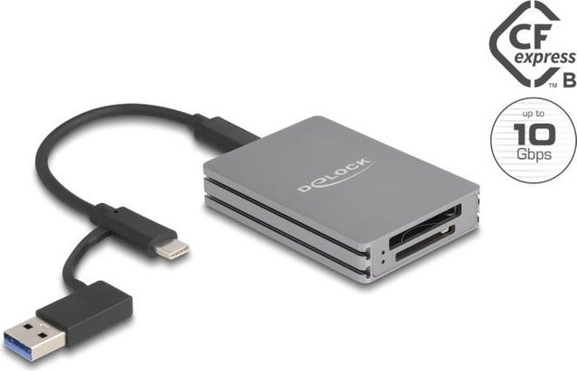 Delock Kartenleser USB-C in Grau für CFexpress 2.0 Type B und SD 3.0 UHS-I sowie SD 4.0 UHS-II Video Class V90 (91011) - Bild 1