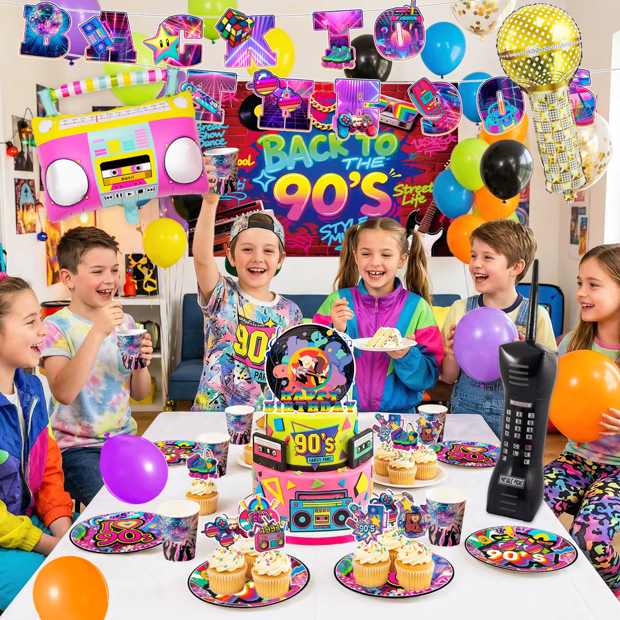 Potdemiel 128-teiliges 90er-Jahre Geburtstags-Dekorationsset in Multicolour mit Party-Banner, Luftballons, Kuchendekoration, Tellern und Servietten aus Papier im Retro-Stil - Bild 2