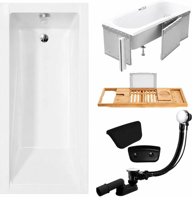 KOLMAN Badewanne KODI aus Acryl in Weiß oder Schwarz, rechteckig, inklusive Styroporverkleidung, Bambus-Badewannenablage, Kopfstütze, Ablauf und Füßen, B/T: 150 x 70 cm - Bild 1
