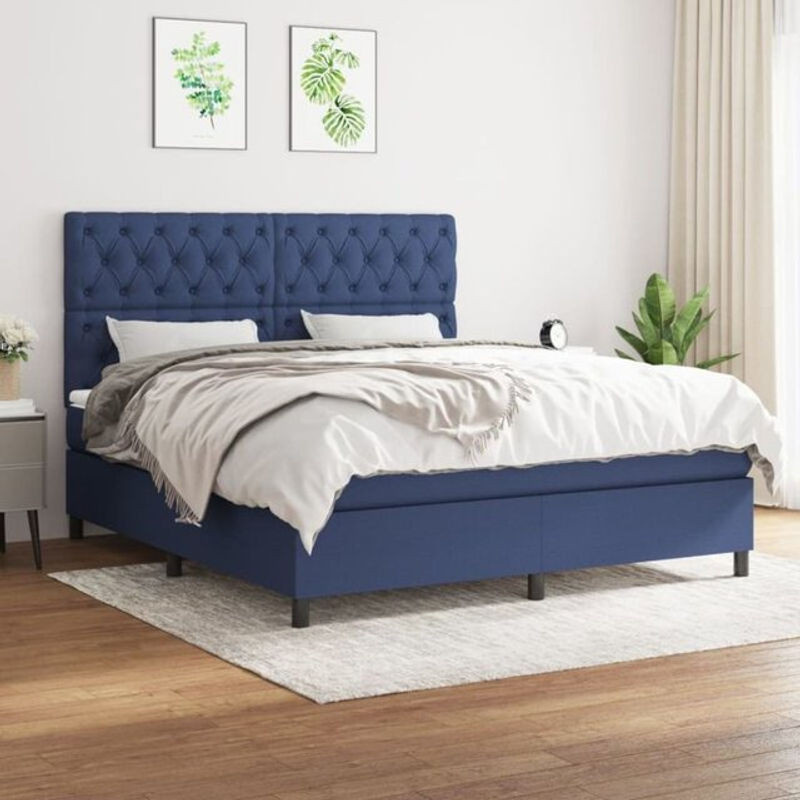 vidaxl Boxspringbett mit Matratze in Blau und Weiß aus Stoff, B/T/H: 160 x 200 x 118 cm - Bild 1