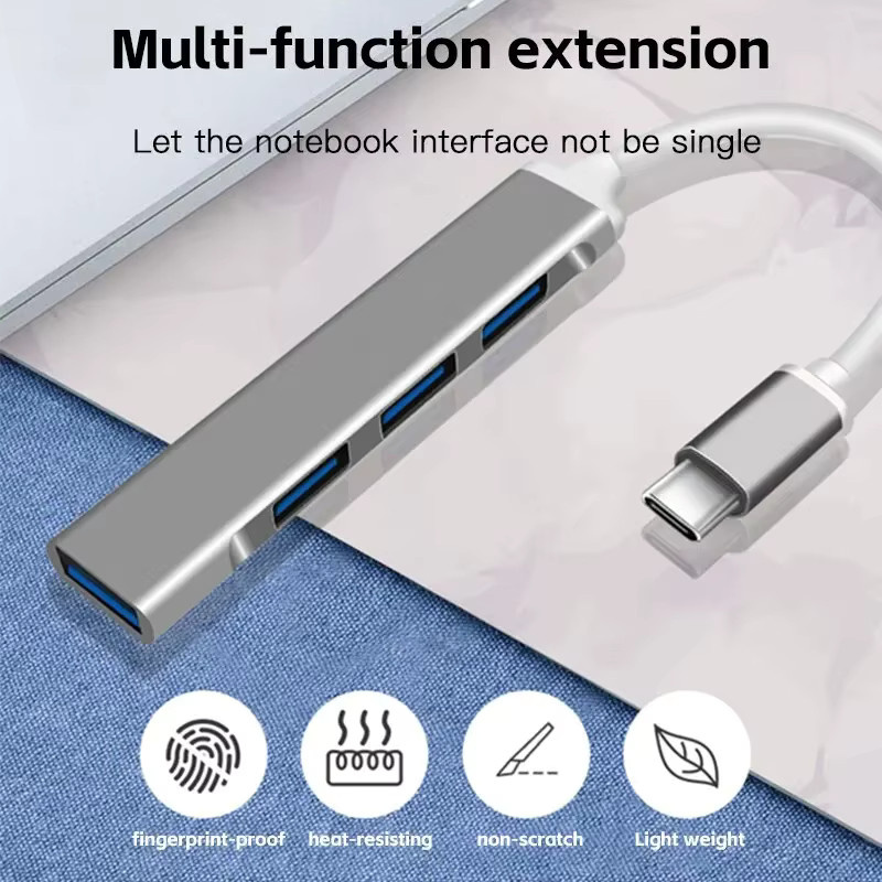Mini USB Typ C Hub 4-Port Adapter USB 3.1 Multi Splitter 4in1 Docking Station UltraSlim SuperSpeed aus Aluminium in Silber und Grau für Computer Laptop PC - Bild 2