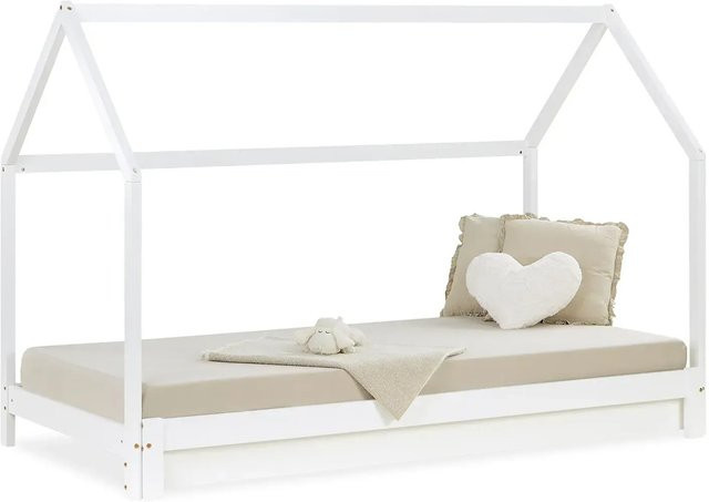 Homestyle4u Ausziehbares Hausbett aus massivem Kiefernholz in Weiß im skandinavischen Stil, B/T: 90 x 200 cm bis 180 x 200 cm - Bild 1