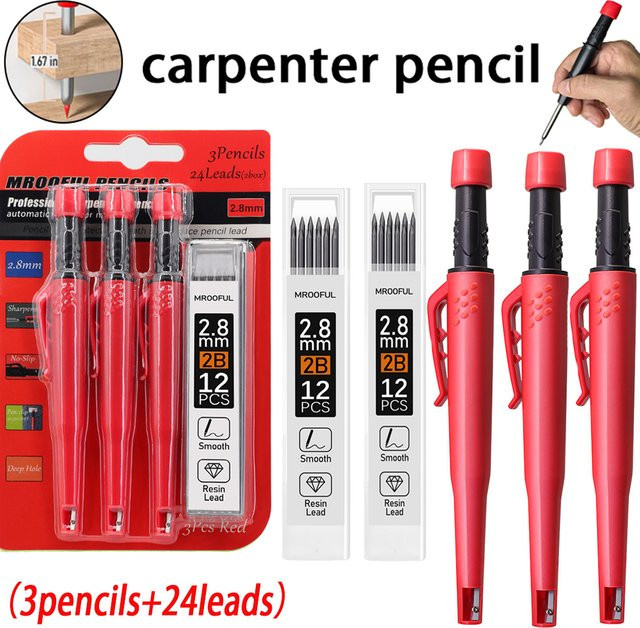 LCOMMO Zimmermannsbleistift-Kartenset in Rot mit 2er-Pack 2,8 mm 2B Minen für Tiefenmarkierung und Zeichnen in der Holzbearbeitung - Bild 1