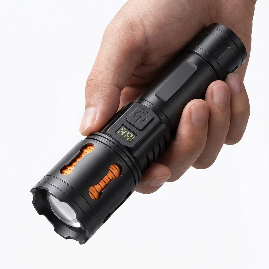 PASIION Wiederaufladbare LED-Taschenlampe mit 1500 Lumen, Digitalanzeige und Teleskop-Zoom in Schwarz - Bild 2