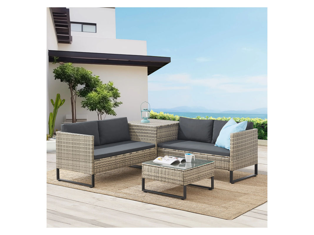Juskys Polyrattan Lounge Santorini Outdoor Sitzecke in Grau mit Beistelltisch, Auflagenbox und Polsterauflagen - Bild 2