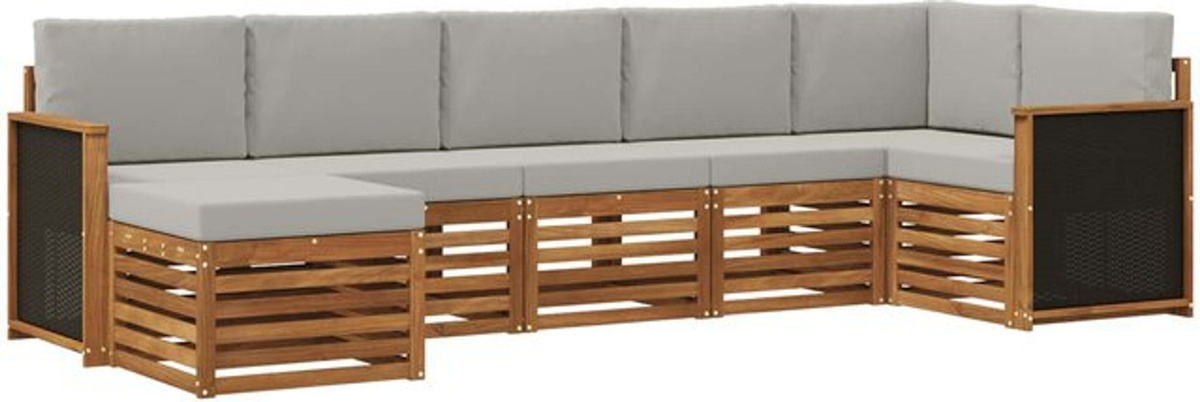 vidaXL Ecksofa Set mit 6 Kissen in Hellgrau und Natur, modernes Design aus Akazie und Polyester, wendbar - Bild 1