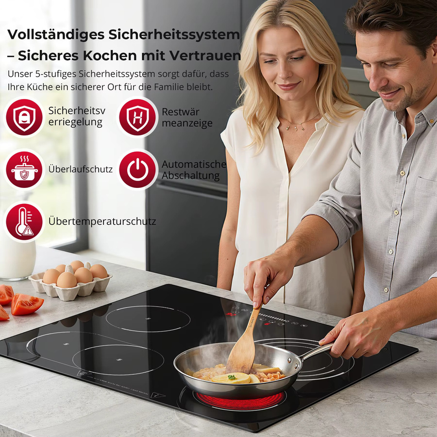 KICHPOWER Keramikkochfeld in Schwarz mit 60 cm Breite, elektrisches Glaskeramikkochfeld mit ovaler und dreifacher Ringzone, 9-stufiger Touch-Steuerung, Timer und Kindersicherung - Bild 2