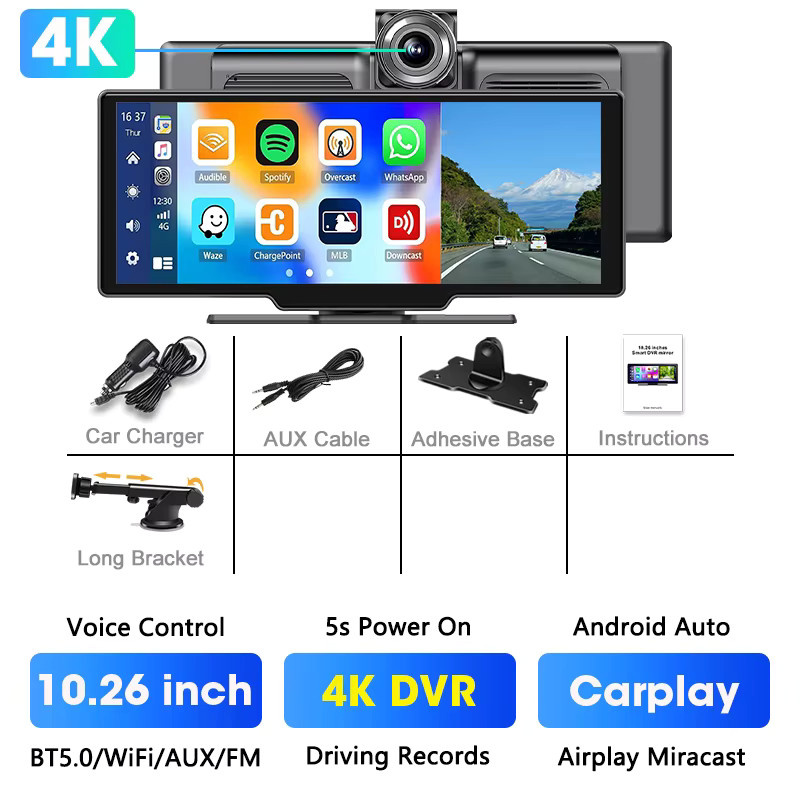 Srnubi 4K Dash Cam mit 10,26 Zoll Display, Wireless CarPlay und Android Auto, GPS Navigation, Nachtsicht, Bluetooth, AUX, Schwarz - Bild 7