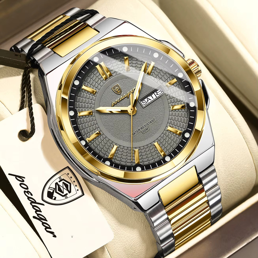 POEDAGAR Armbanduhr Edelstahl, Quarz, Silber, Herren, Datum, Wochentag - Bild 2