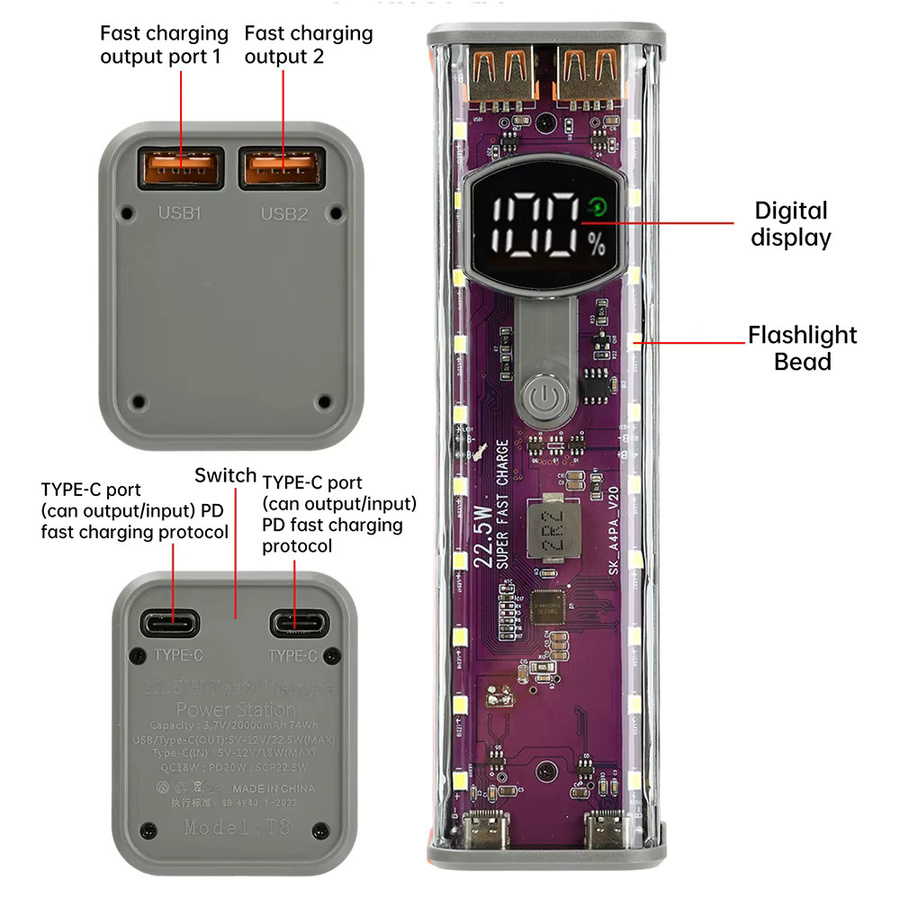 Voktta DIY Power Bank Gehäuse für 18650 Akkus mit Digital Display und USB Typ-C, Transparent Gelb, 45 W Schnellladefunktion - Bild 5