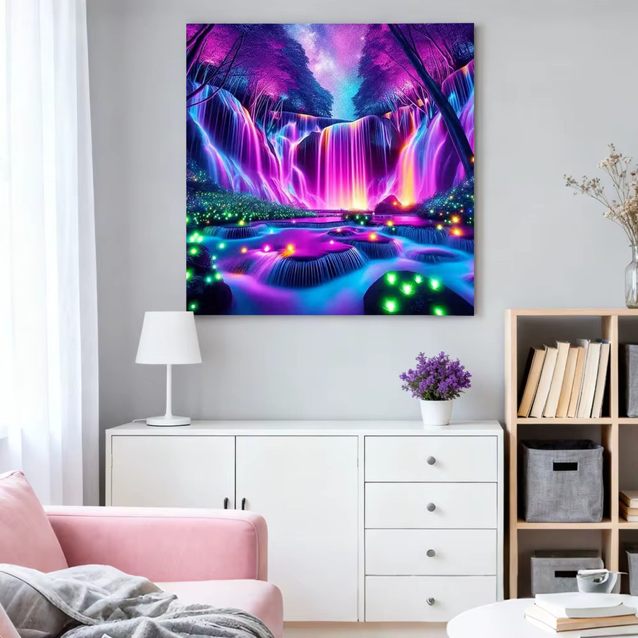 HUACAN Diamant-Gemälde Wasserfall Landschaft als rundes Diamant-Mosaik in Multicolor zur Wanddekoration - Bild 3
