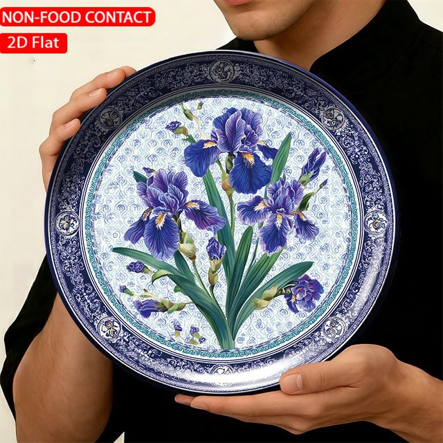 FORJN Keramik-Dekorplatte mit blauem Iris-Blumenmuster, runde Wandplatte, Durchmesser: 20 cm - Bild 1