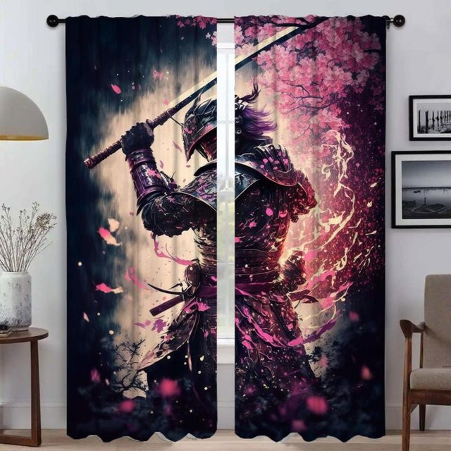 Japanische Samurai Fenstervorhänge für Kinderzimmer und Wohnzimmer, 2er-Set, Mehrfarbig, Breite: 50 cm, Höhe: 70 cm - Bild 1