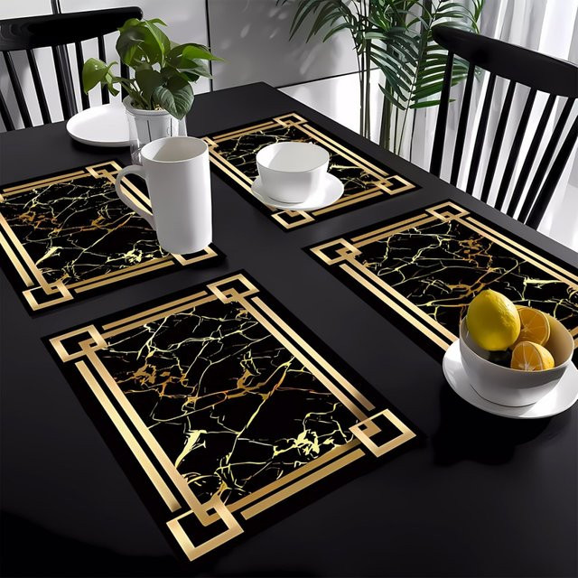 VIKAMA 4-teiliges Tischset-Set aus Leinen mit schwarzem und goldenem Art-Deco-Muster, rutschfest, rechteckig, B/T: 40 x 30 cm - Bild 1