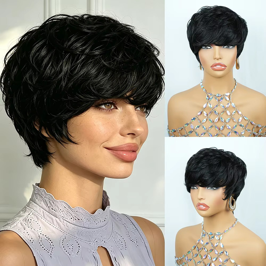 OYM HAIR Pixie-Cut Perücke, Schwarz, Damen, mit Pony, 180% Dichte - Bild 3